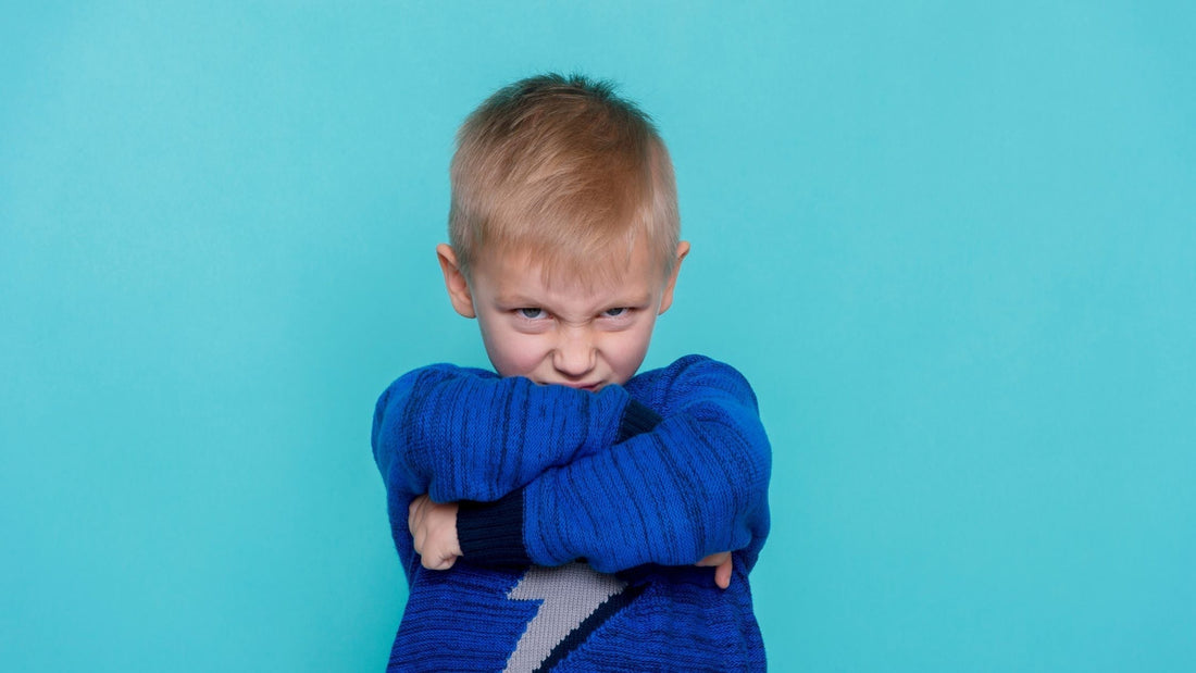 Young boy showing signs of frustration or anger, representing emotional outbursts at home after school.