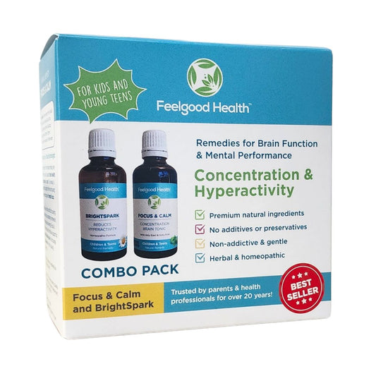 Feelgood Health kid's combo pack for concentrationa and hyperactivity on a white background