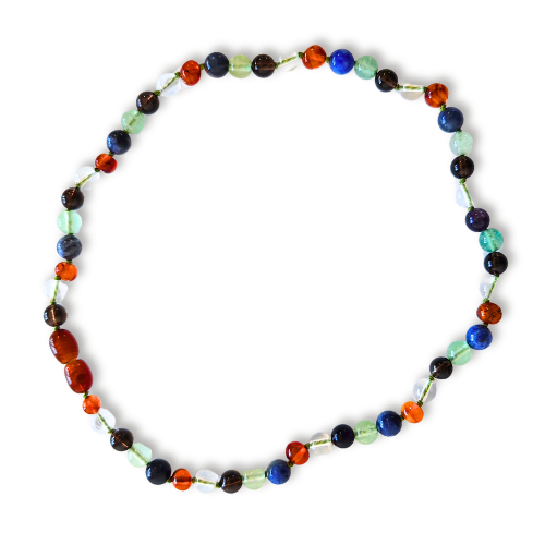 Beaded necklace with amber, blue, green, and translucent round beads. Healing properties for ADHD Children.