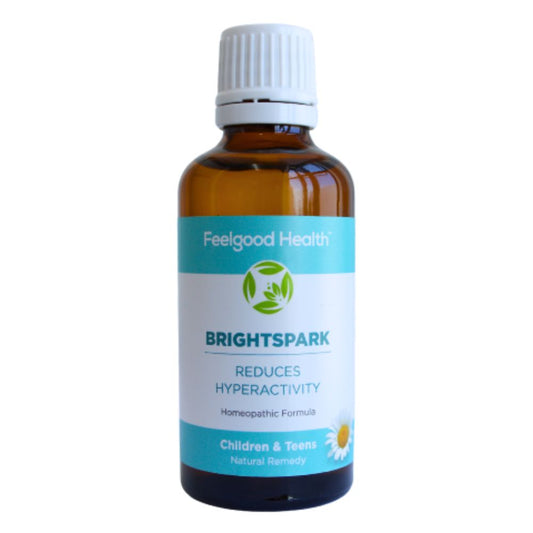 Bottle of BrightSpark homeopathic remedy, on white background – natural support for children's hyperactivity, ADHD and impulsivity.