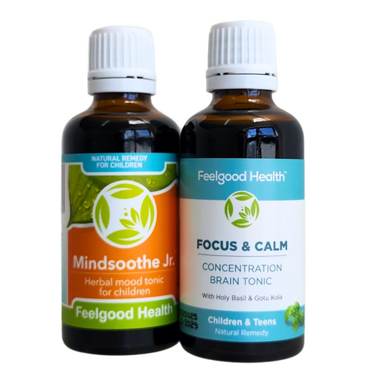Two bottles of Feelgood Health products on a white background - Focus & Calm and MindSoothe Jr. combo – natural support for kids' ADHD, attention, and mood