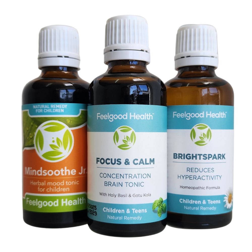 BrightSpark, Focus & Calm, and MindSoothe Jr. natural remedies for children's focus, relaxation, and emotional balance.