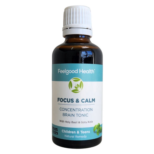 Bottle of Focus & Calm on white background – Natural Remedy for Concentration & ADHD Support in Kids